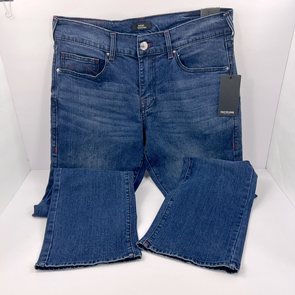 TRUE RELIGION JEANS, RICKY RELAXED STRAIGHT, DARK INDIGO BLASTER, W 33, L34
